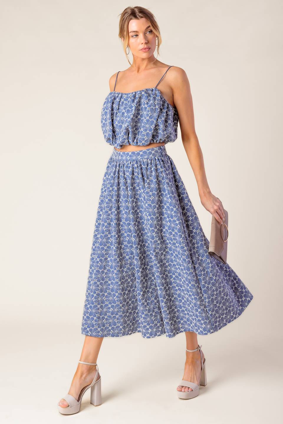 THE BEAUTY OF NOW WOVEN EYELET TOP AND SKIRT SET