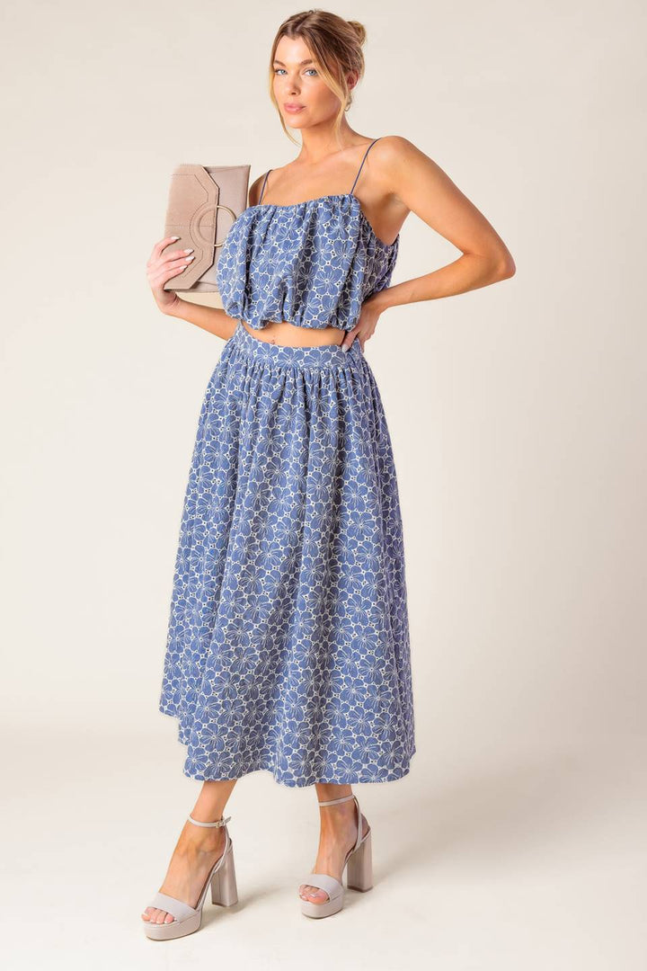 THE BEAUTY OF NOW WOVEN EYELET TOP AND SKIRT SET