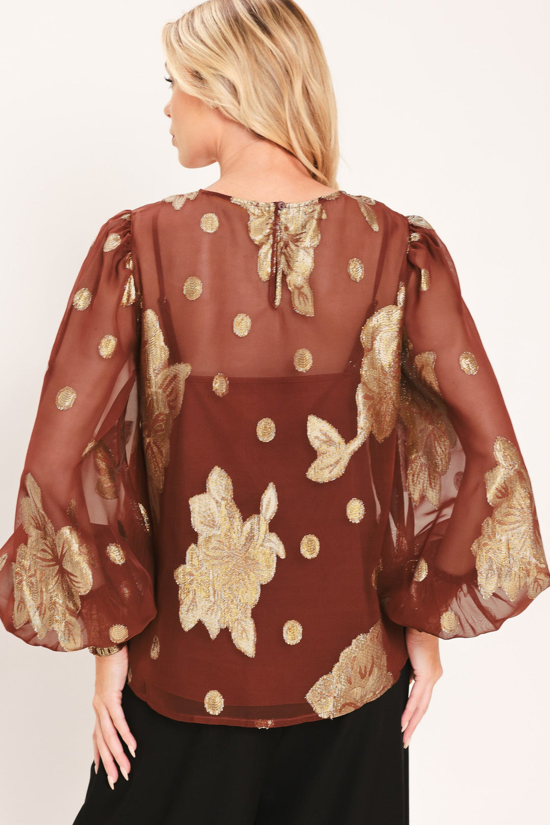 MAHOGANY PETAL SPARK WOVEN TOP