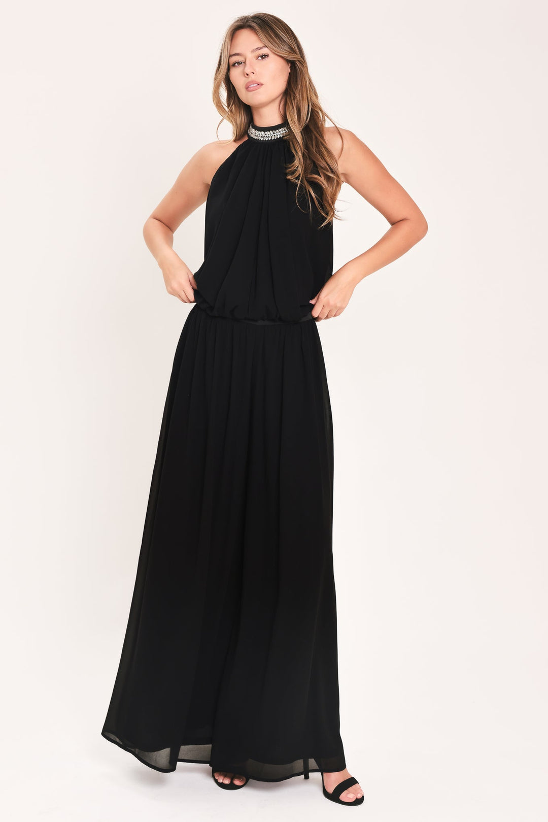 JEWEL HOUR BLACK EMBELLISHED HALTER &amp; WIDE-LEG PANTS SET
