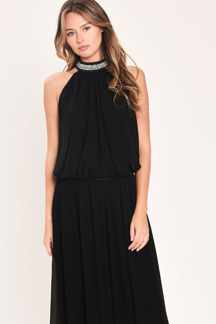 JEWEL HOUR BLACK EMBELLISHED HALTER &amp; WIDE-LEG PANTS SET