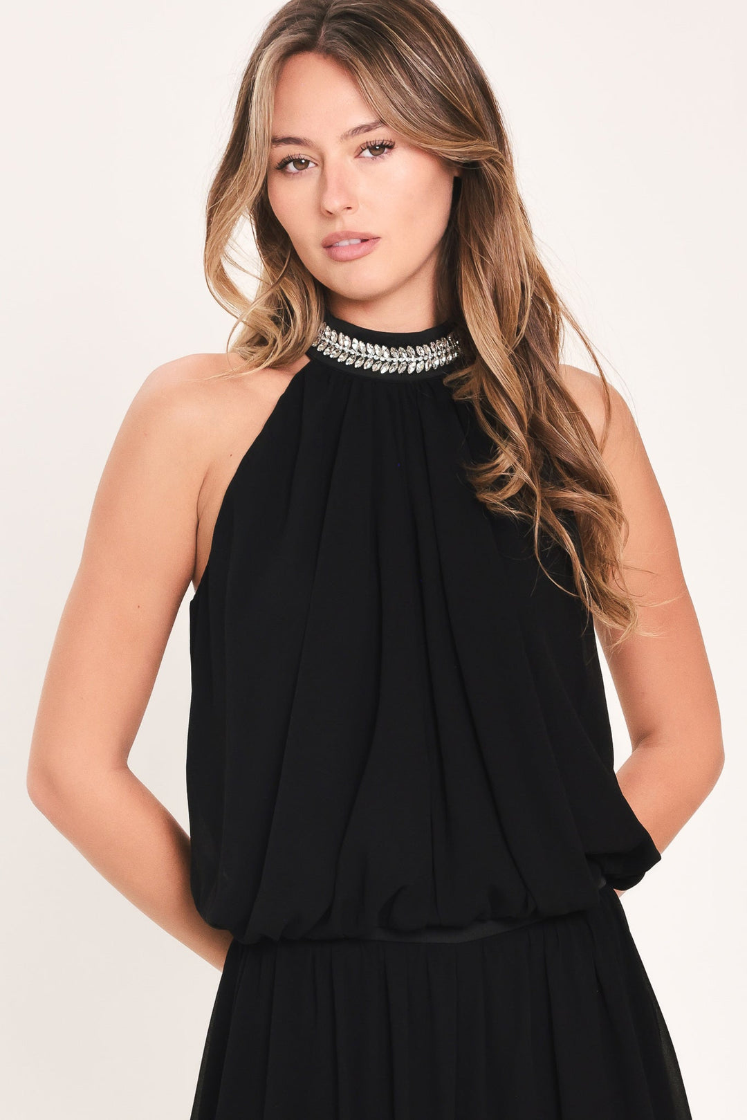 JEWEL HOUR BLACK EMBELLISHED HALTER &amp; WIDE-LEG PANTS SET