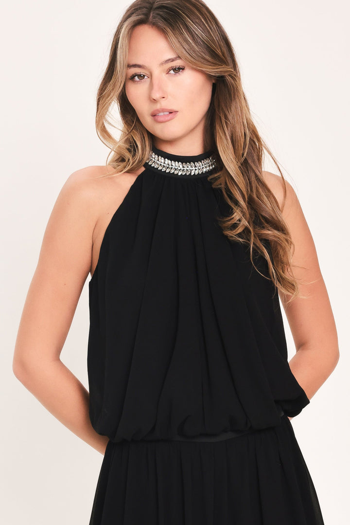 JEWEL HOUR BLACK EMBELLISHED HALTER &amp; WIDE-LEG PANTS SET