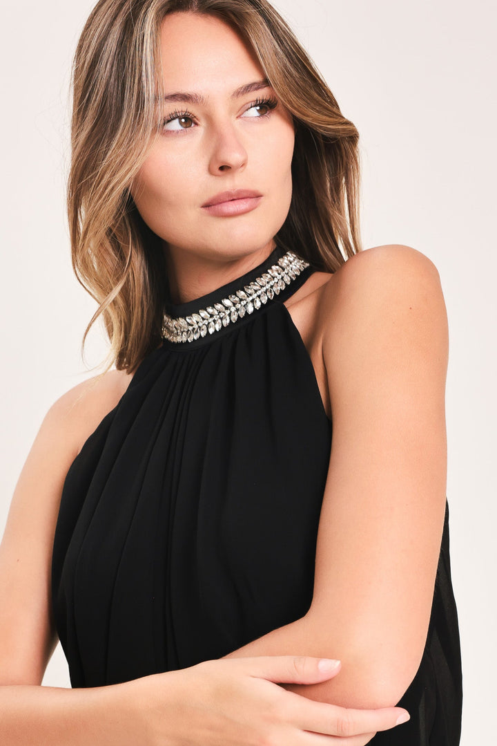 JEWEL HOUR BLACK EMBELLISHED HALTER &amp; WIDE-LEG PANTS SET