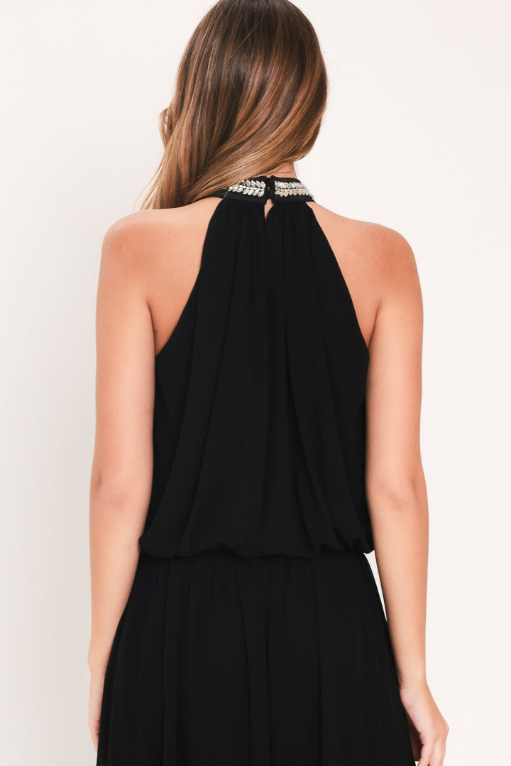 JEWEL HOUR BLACK EMBELLISHED HALTER &amp; WIDE-LEG PANTS SET