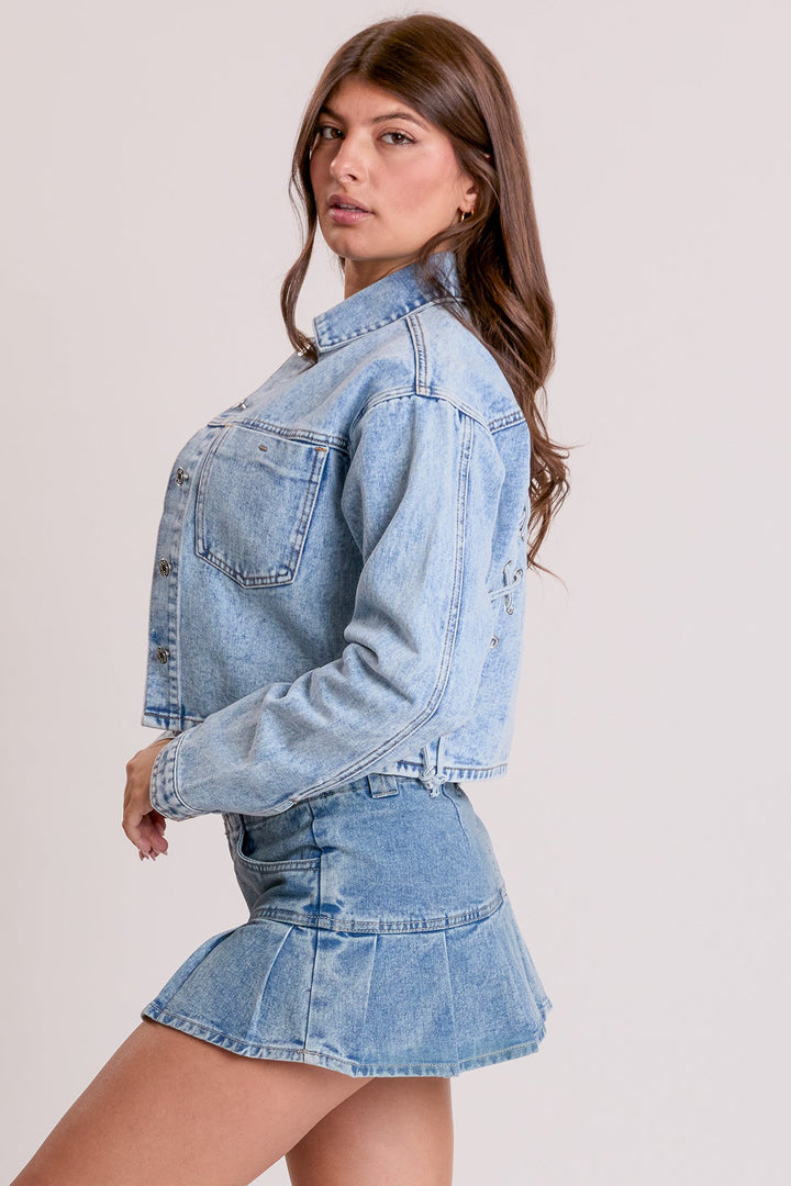 Women's Cropped Lace Up Back Denim Jacket