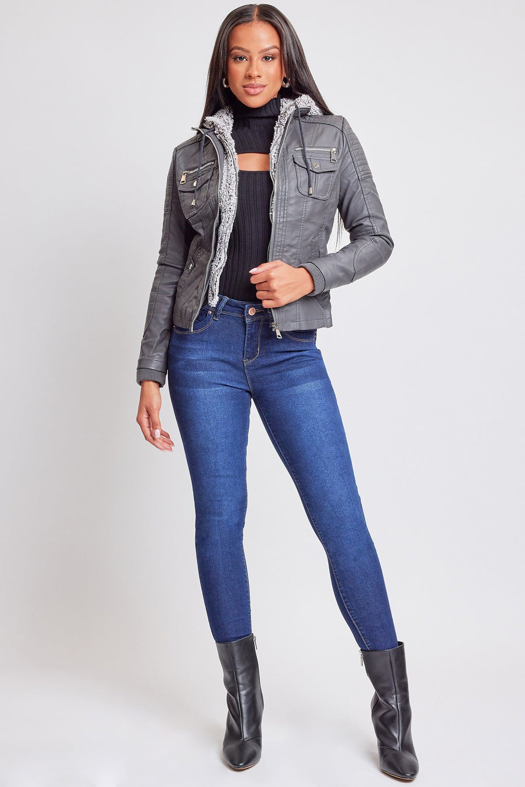 Women's Winter Faux Leather Jacket with Sherpa Fur Hoodie