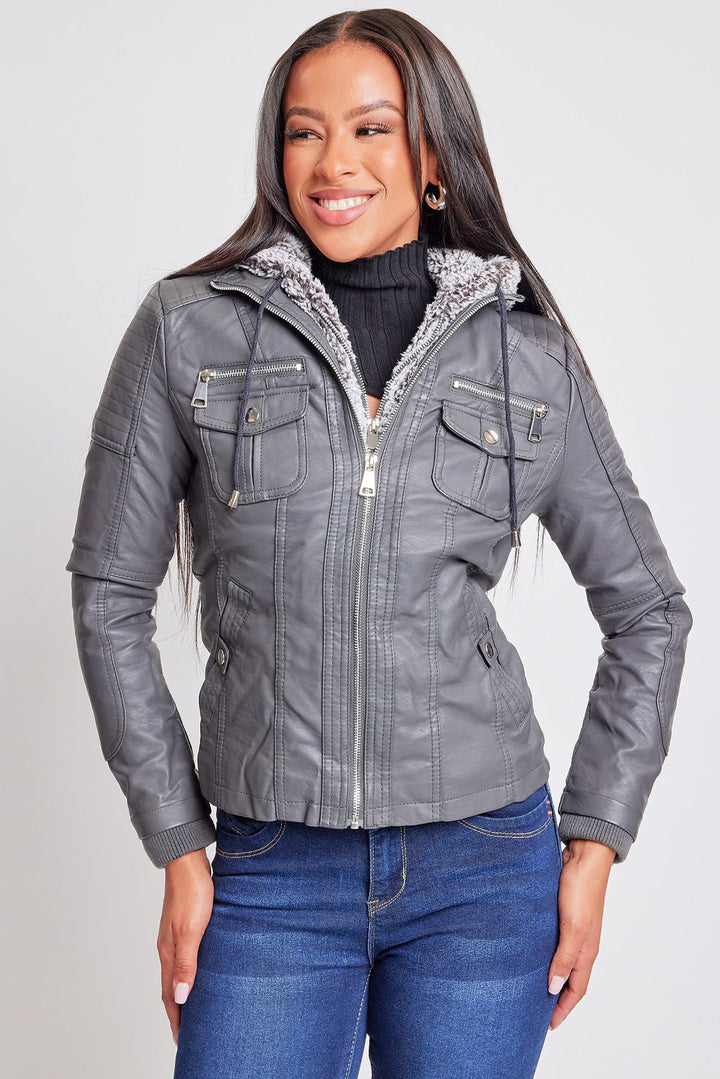 Women's Winter Faux Leather Jacket with Sherpa Fur Hoodie