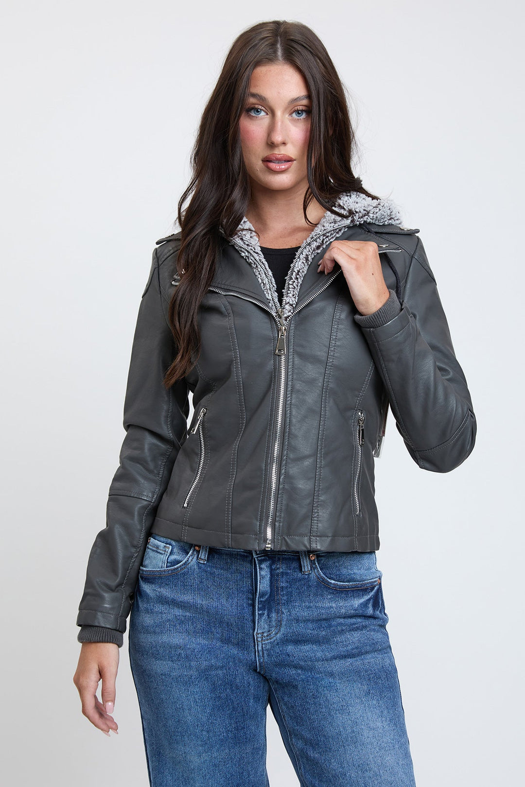 Women's Motto Pleather Jacket with Fur Lining