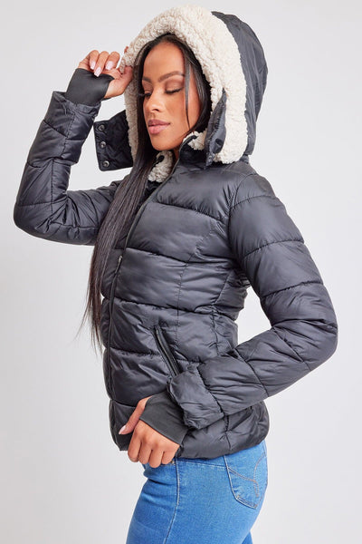 Women's Winter Puffer Jacket With Sherpa Fur Hoodie