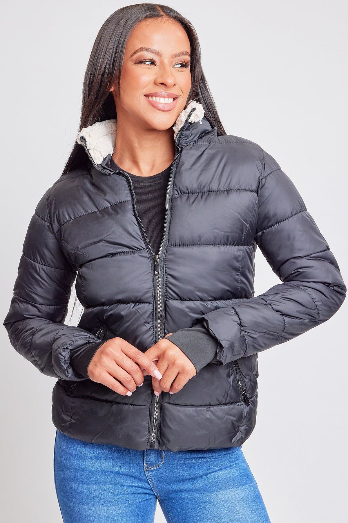 Women's Winter Puffer Jacket With Sherpa Fur Hoodie