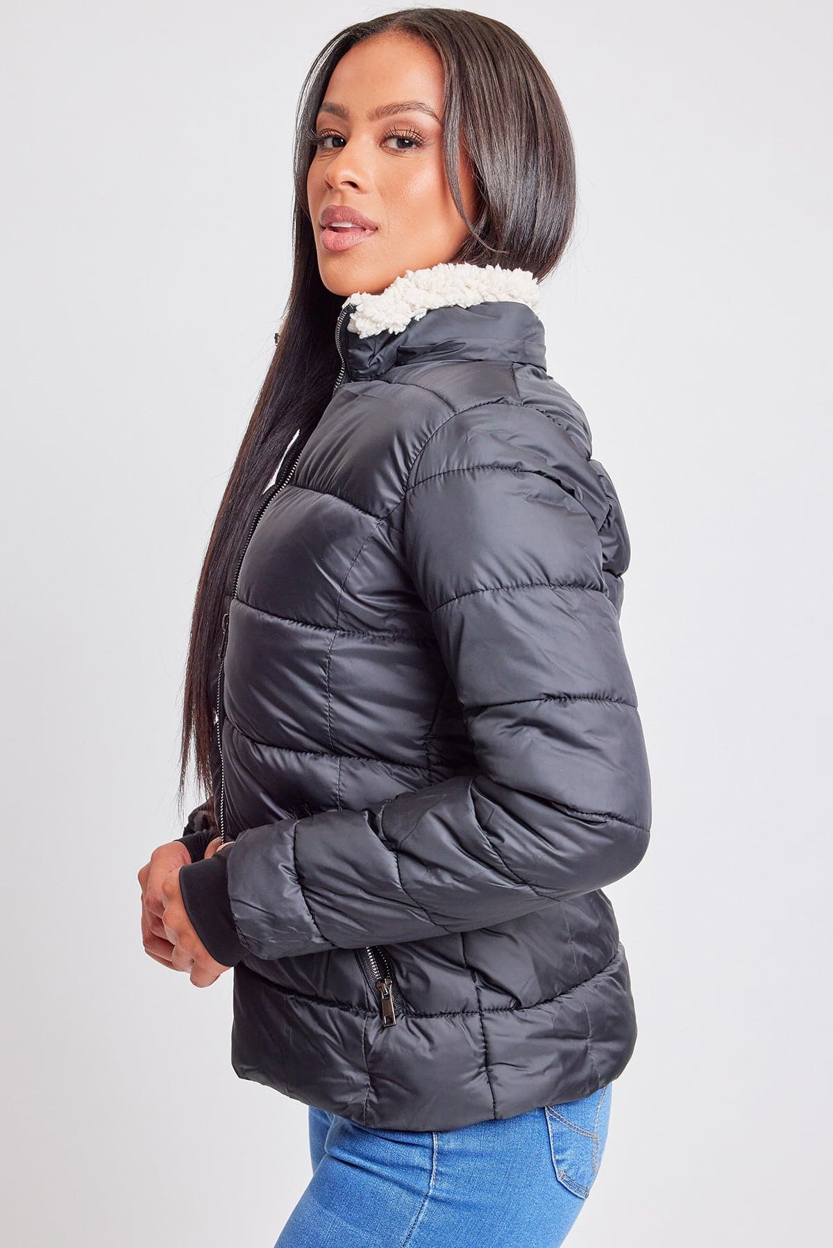 Women's Winter Puffer Jacket With Sherpa Fur Hoodie