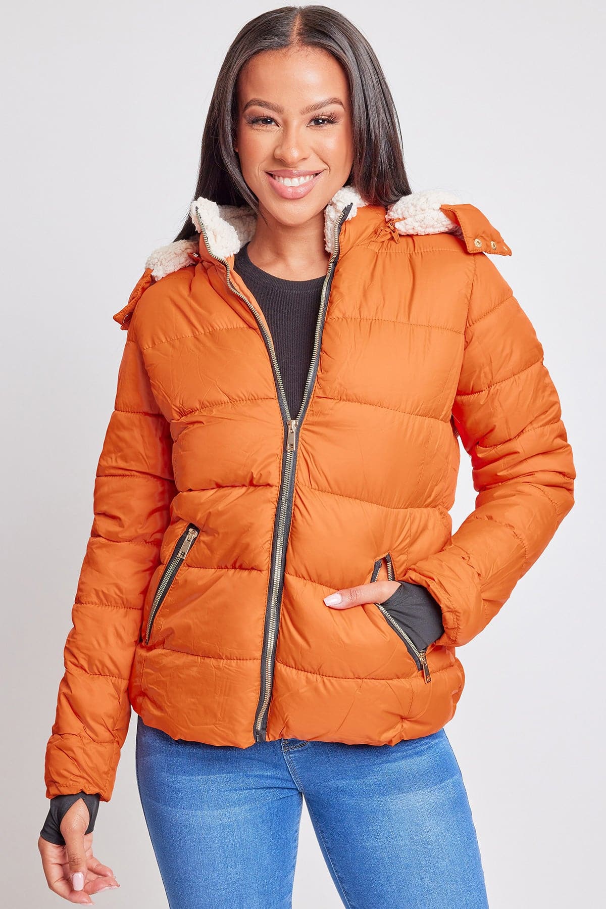 Women's Winter Puffer Jacket With Sherpa Fur Hoodie