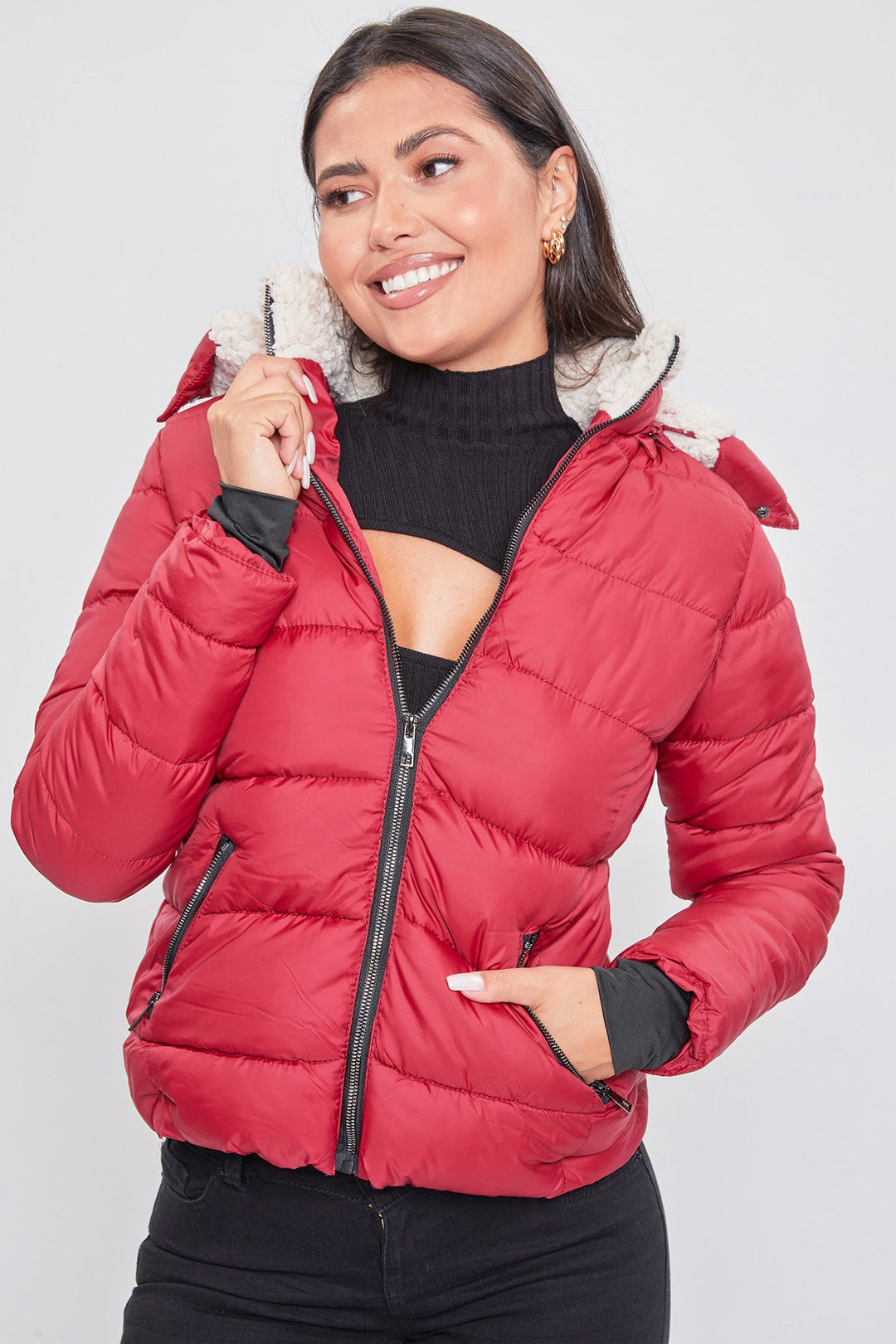 Jacket Puffer With Sherpa Fur Hoodie