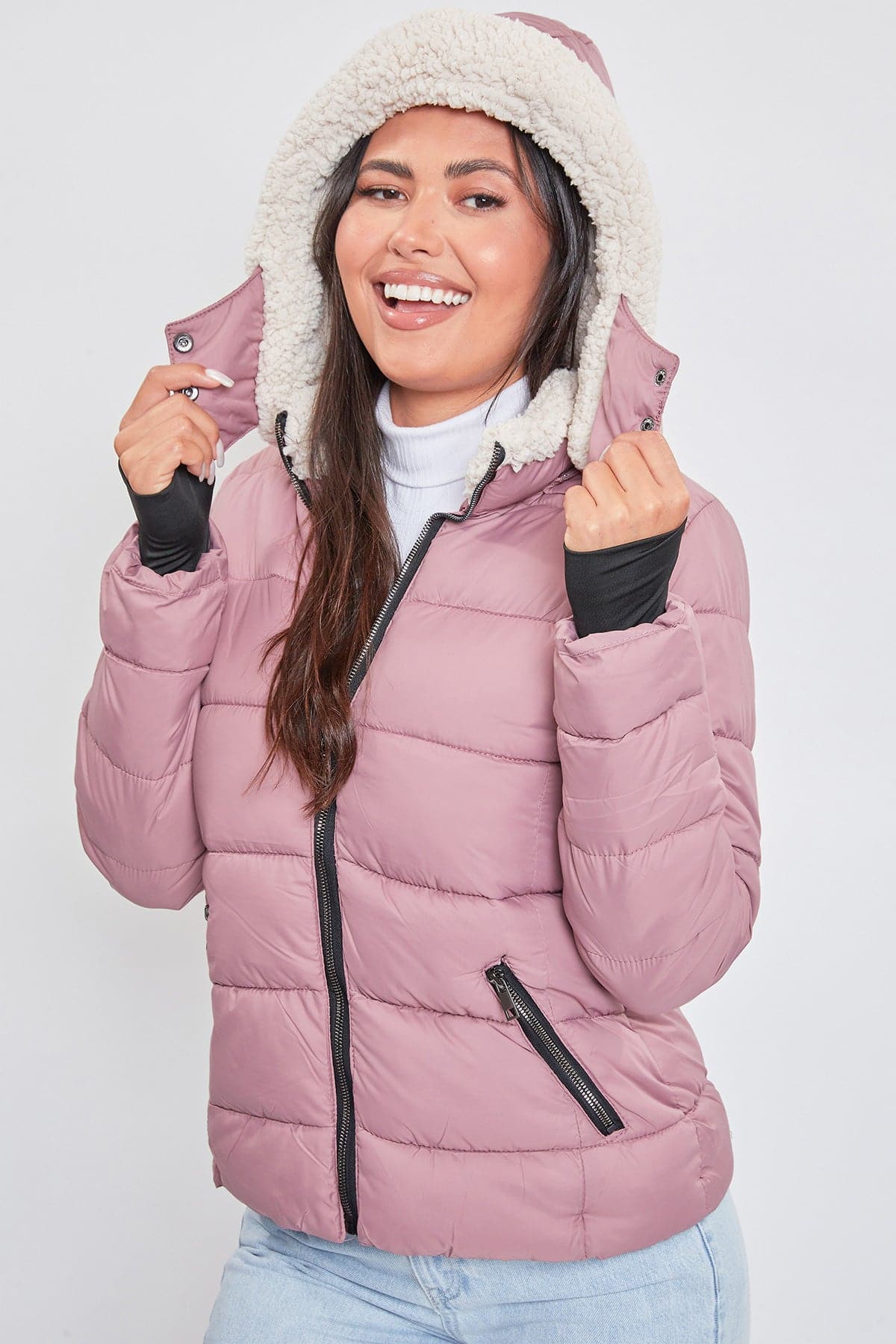 Women's Winter Puffer Jacket With Sherpa Fur Hoodie