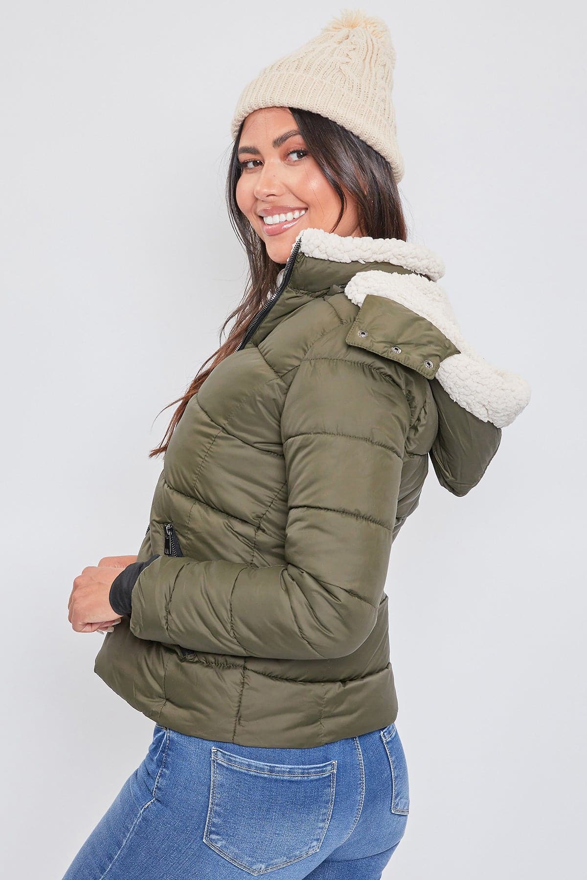 Women's Winter Puffer Jacket With Sherpa Fur Hoodie