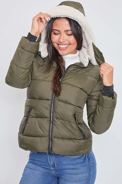 Women's Winter Puffer Jacket With Sherpa Fur Hoodie