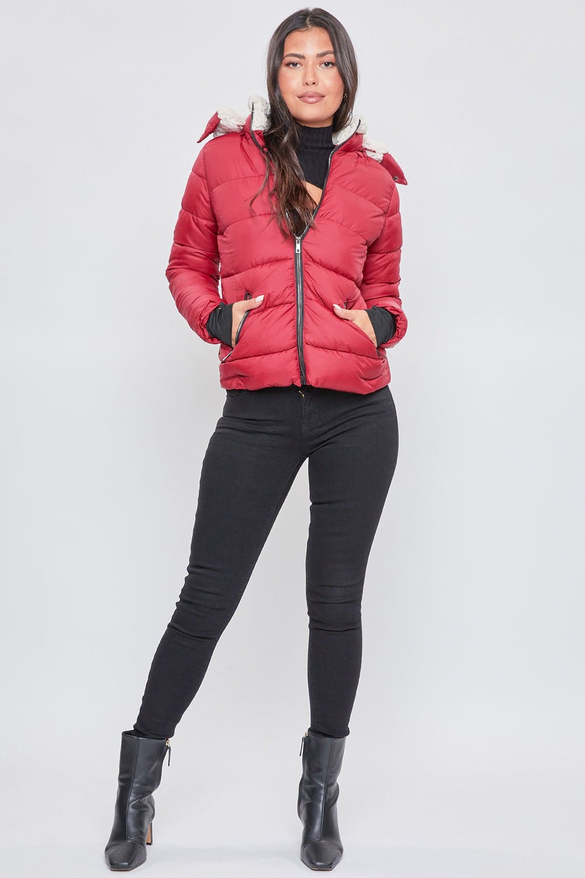 Women's Winter Puffer Jacket With Sherpa Fur Hoodie