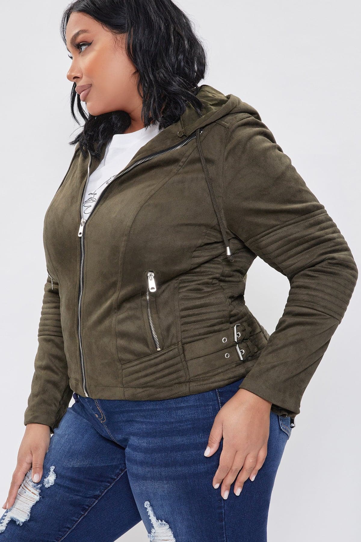 Women's Plus Faux Suede Jacket with Detachable Hoodie