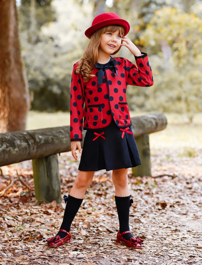 Polished Polka Dot Cardigan and Pleated Skirt Set