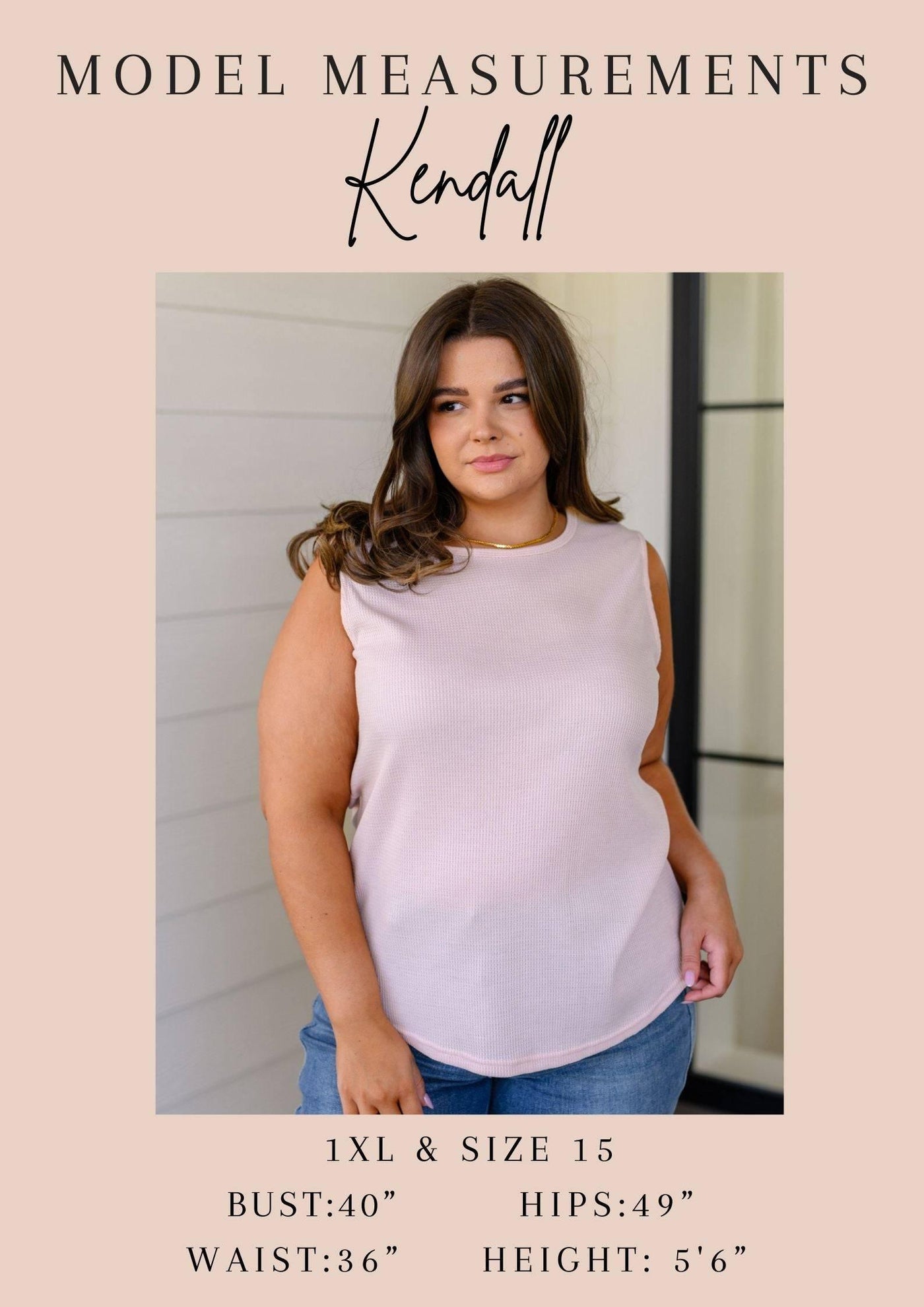 Model Kendall in pink top with measurements