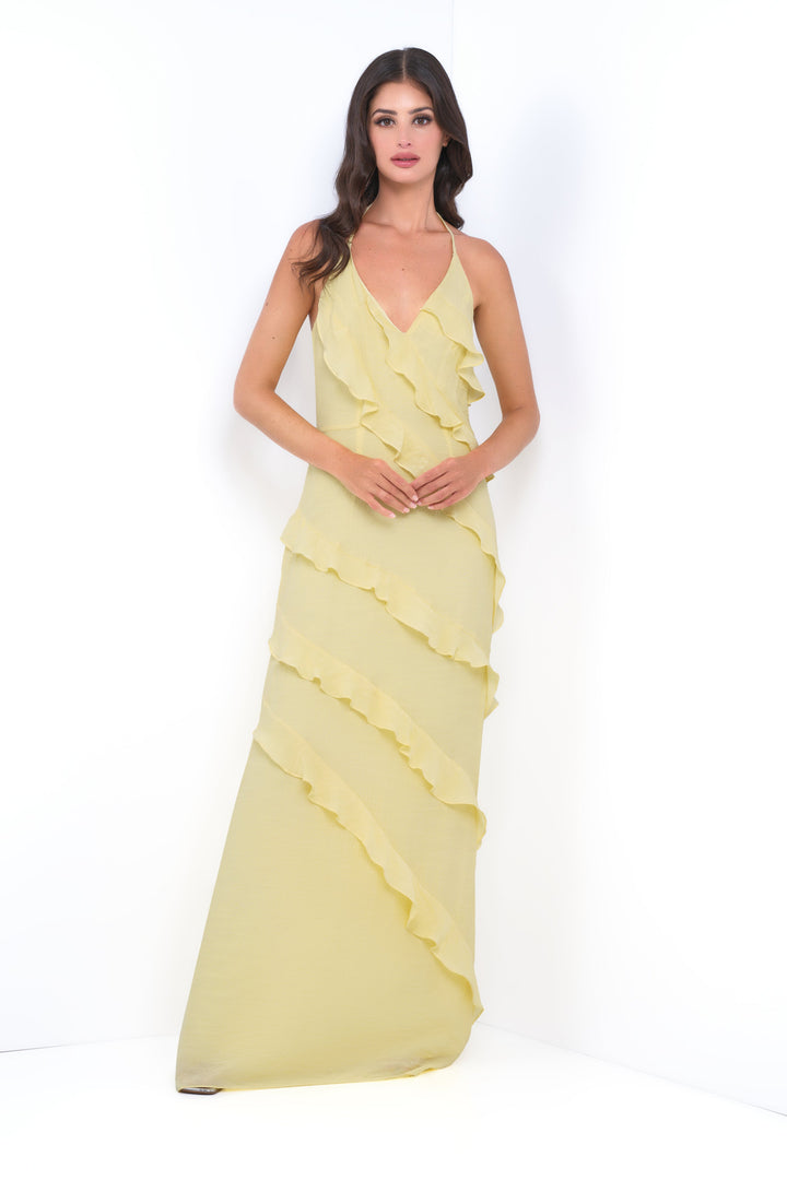 Remi Yellow Maxi Dress - Halter Neck, Open Back &amp; Ruffle Detail