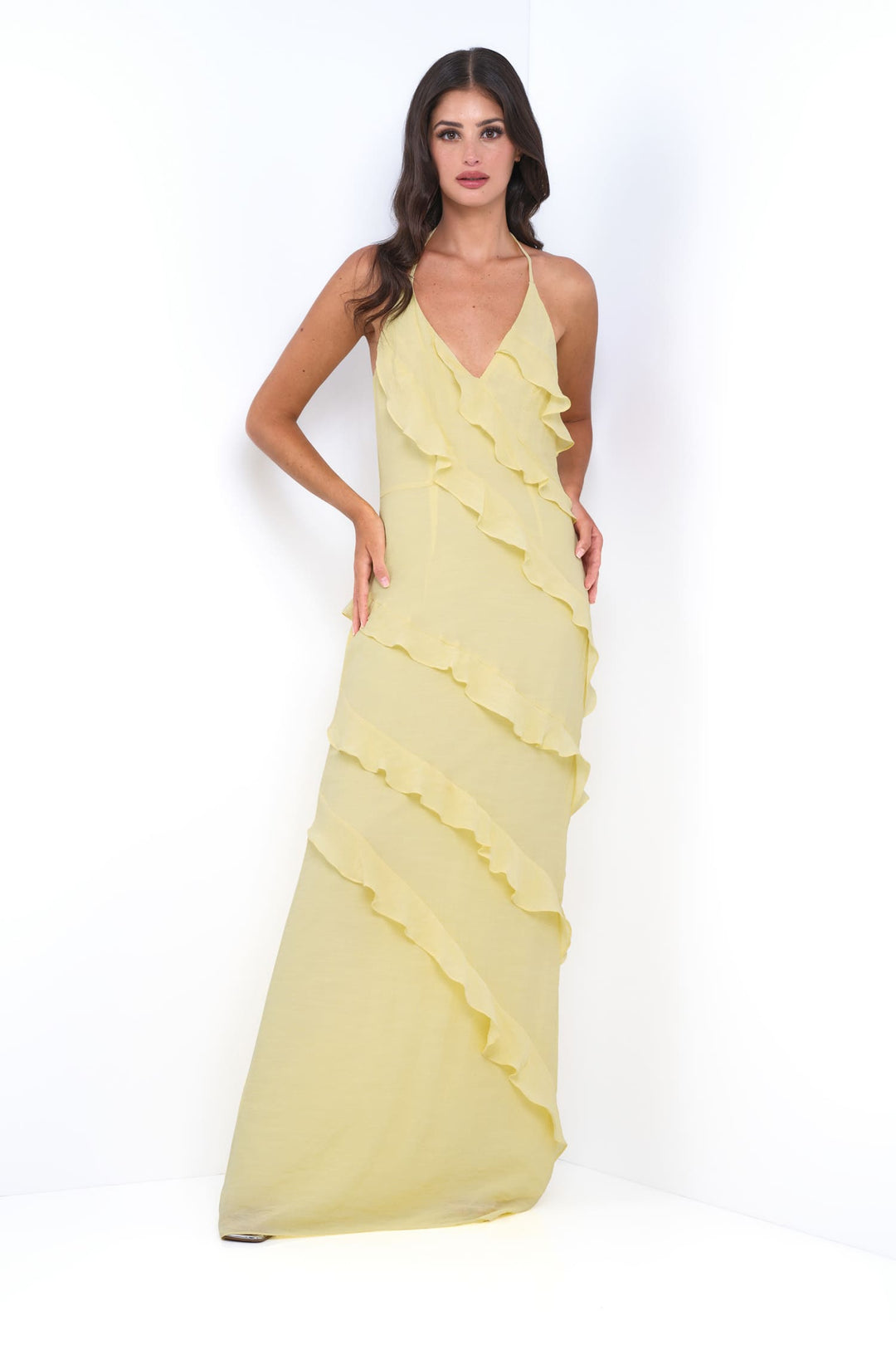Remi Yellow Maxi Dress - Halter Neck, Open Back &amp; Ruffle Detail