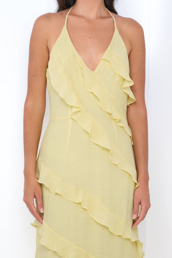 Remi Yellow Maxi Dress - Halter Neck, Open Back &amp; Ruffle Detail