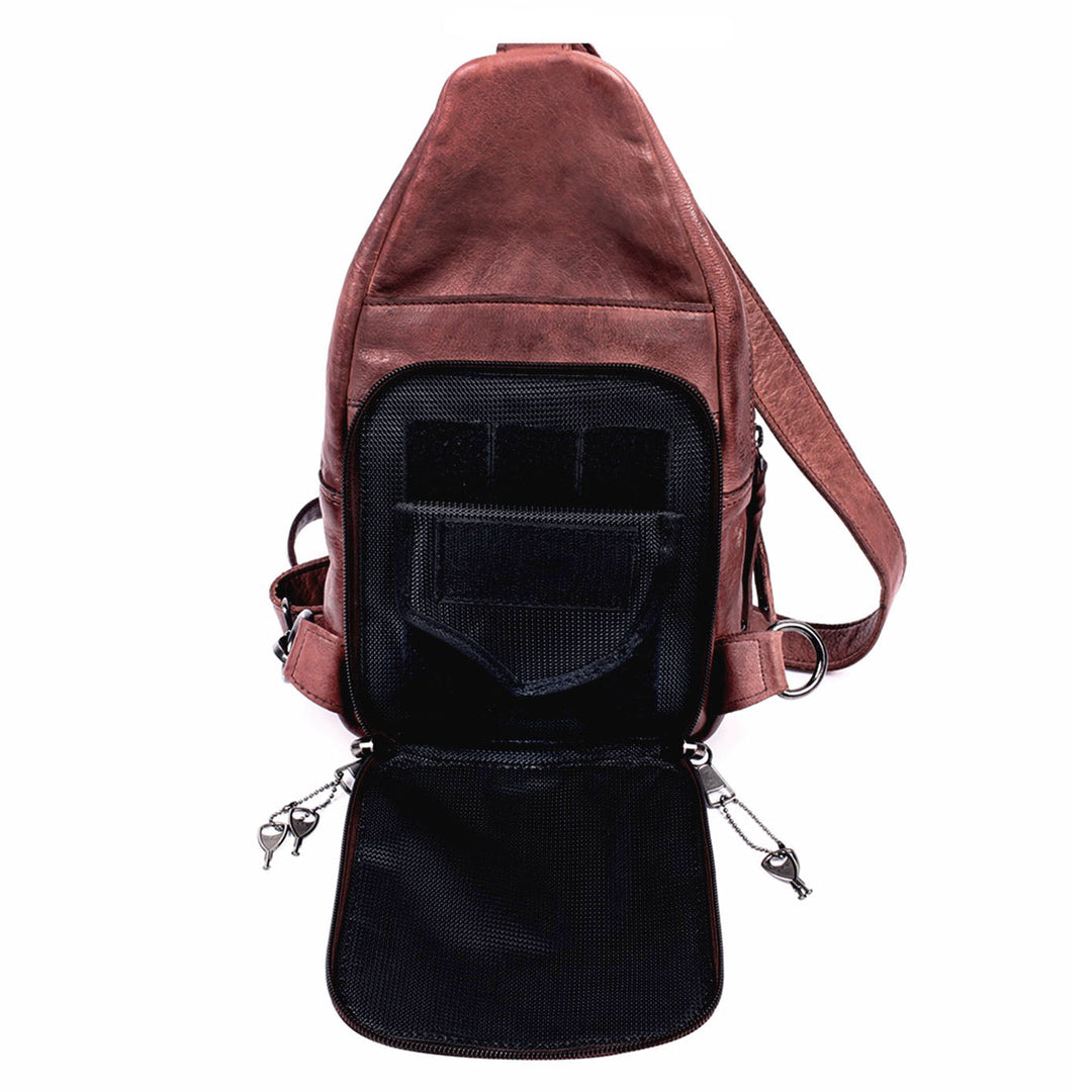 Concealed Carry Unisex Taylor Sling Leather Backpack by Lady Conceal