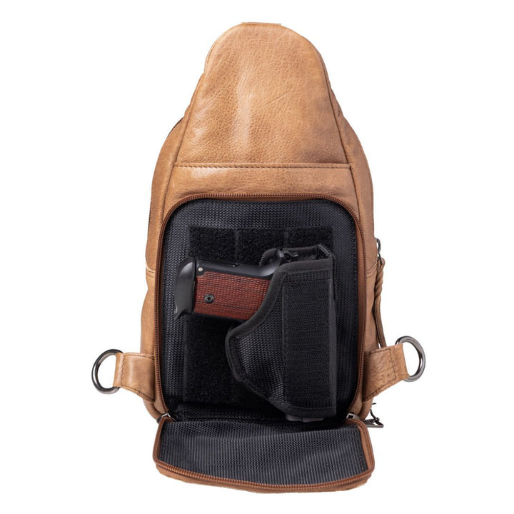 Concealed Carry Unisex Taylor Sling Leather Backpack by Lady Conceal