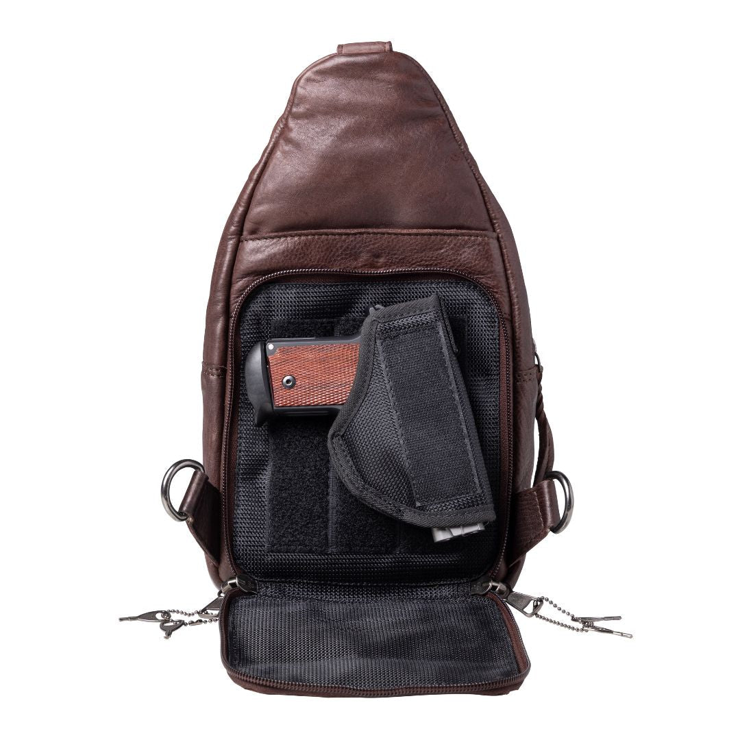 Concealed Carry Unisex Taylor Sling Leather Backpack by Lady Conceal