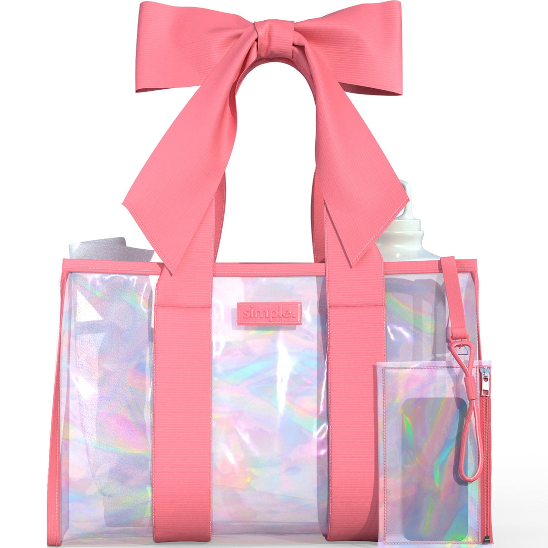 BowMe Prism Tote with Phone Pouch – Lightweight, Waterproof, Tip-Proof, Foldable and Washable Tote Bag for Beach, Pool, Travel and Vacation (Prism Pink &amp; Prism Purple)