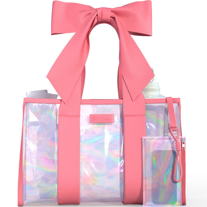 BowMe Prism Tote with Phone Pouch – Lightweight, Waterproof, Tip-Proof, Foldable and Washable Tote Bag for Beach, Pool, Travel and Vacation (Prism Pink &amp; Prism Purple)