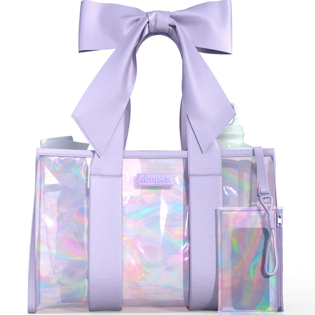 BowMe Prism Tote with Phone Pouch – Lightweight, Waterproof, Tip-Proof, Foldable and Washable Tote Bag for Beach, Pool, Travel and Vacation (Prism Pink &amp; Prism Purple)