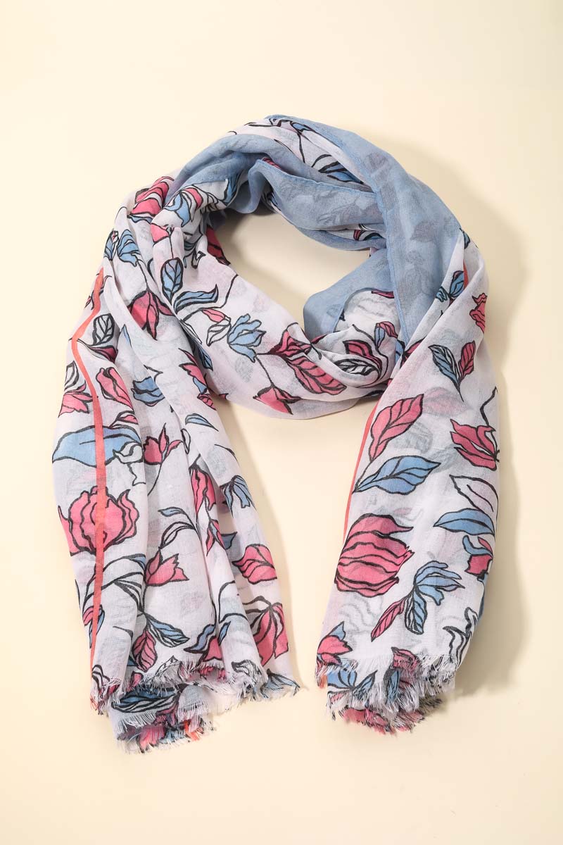 Sky Blue & Pink Floral Oblong Frayed Scarf - Sybaritic Bags & Clothing