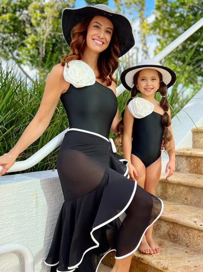 Mommy and Me White Rose One Shoulder One Piece Swimsuit