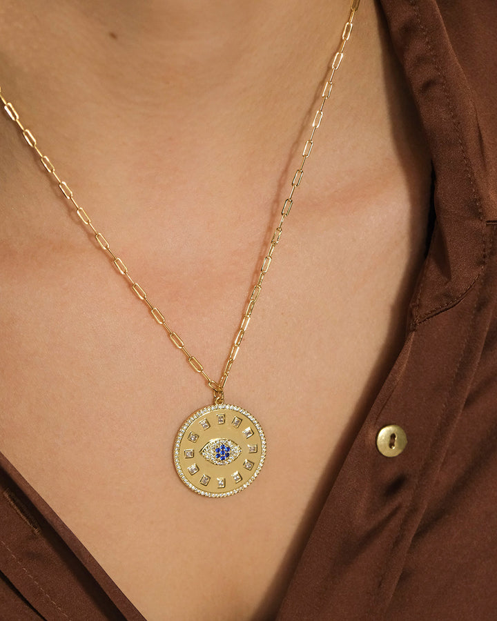 Evil Eye CZ Sun Dial Coin Pendant Necklace