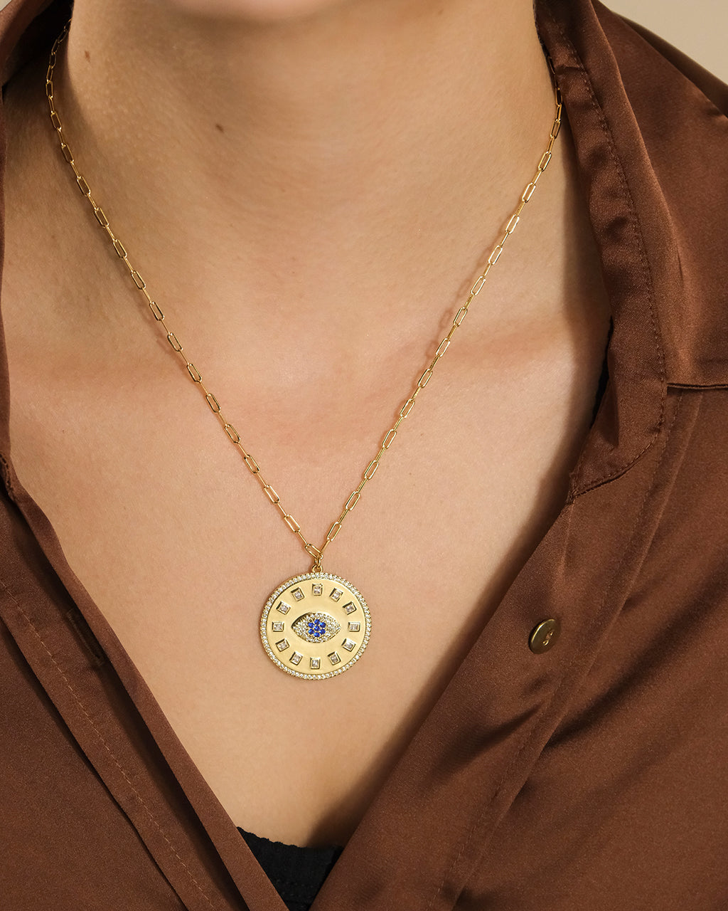 Evil Eye CZ Sun Dial Coin Pendant Necklace
