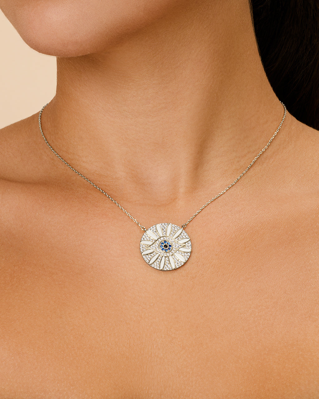 CZ Evil Eye & Enamel Petal Pendant Necklace