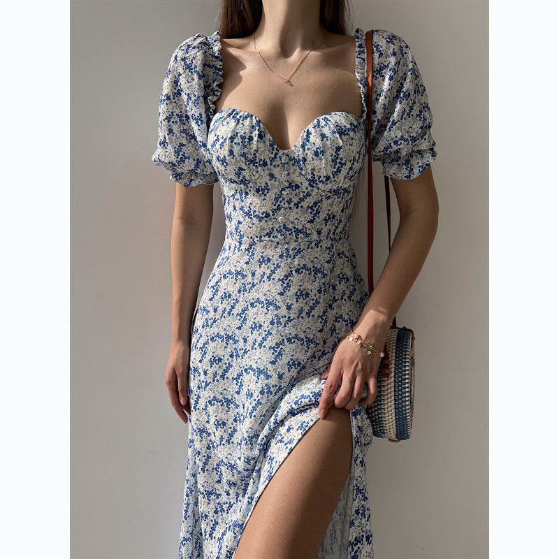 Sleeveless Floral Print Maxi Dress - Strapless Square Neck with High Slit &amp; Waist Emphasis