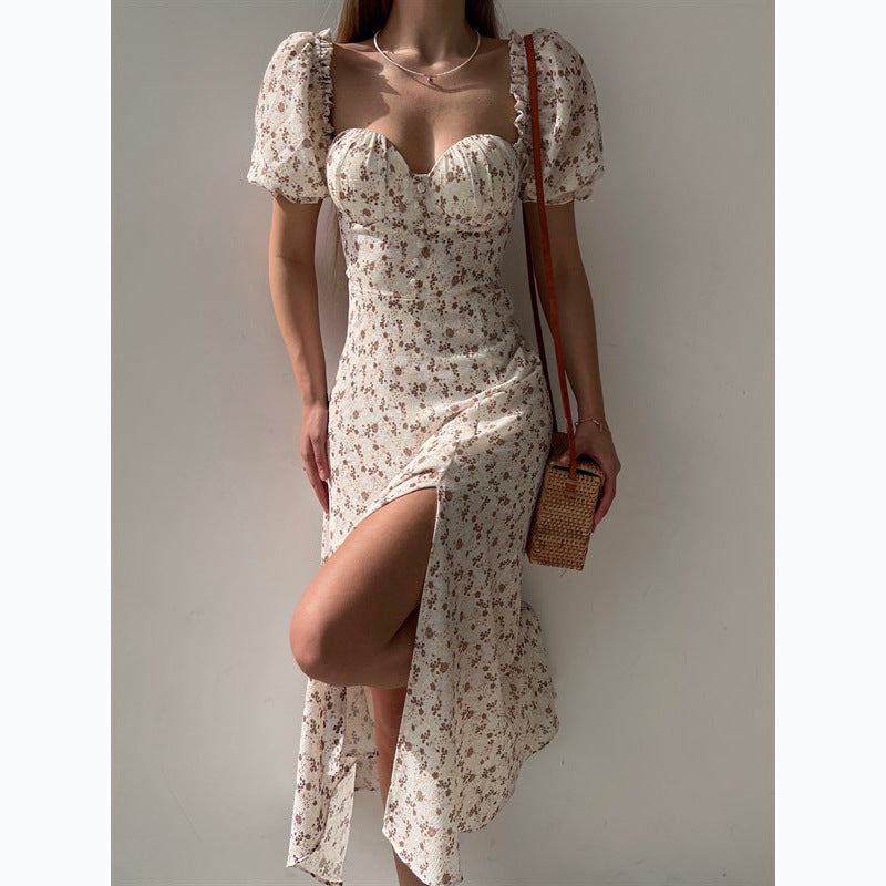 Sleeveless Floral Print Maxi Dress - Strapless Square Neck with High Slit &amp; Waist Emphasis