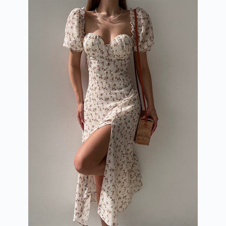 Sleeveless Floral Print Maxi Dress - Strapless Square Neck with High Slit &amp; Waist Emphasis