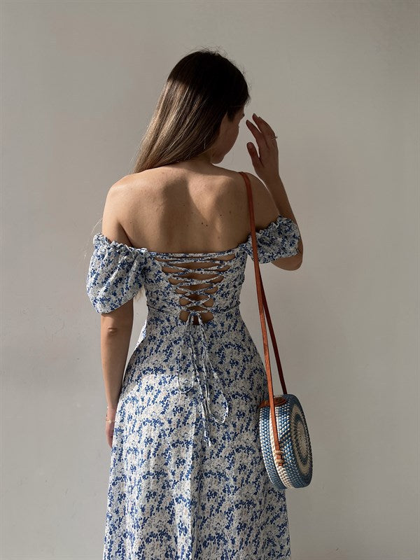 Sleeveless Floral Print Maxi Dress - Strapless Square Neck with High Slit &amp; Waist Emphasis