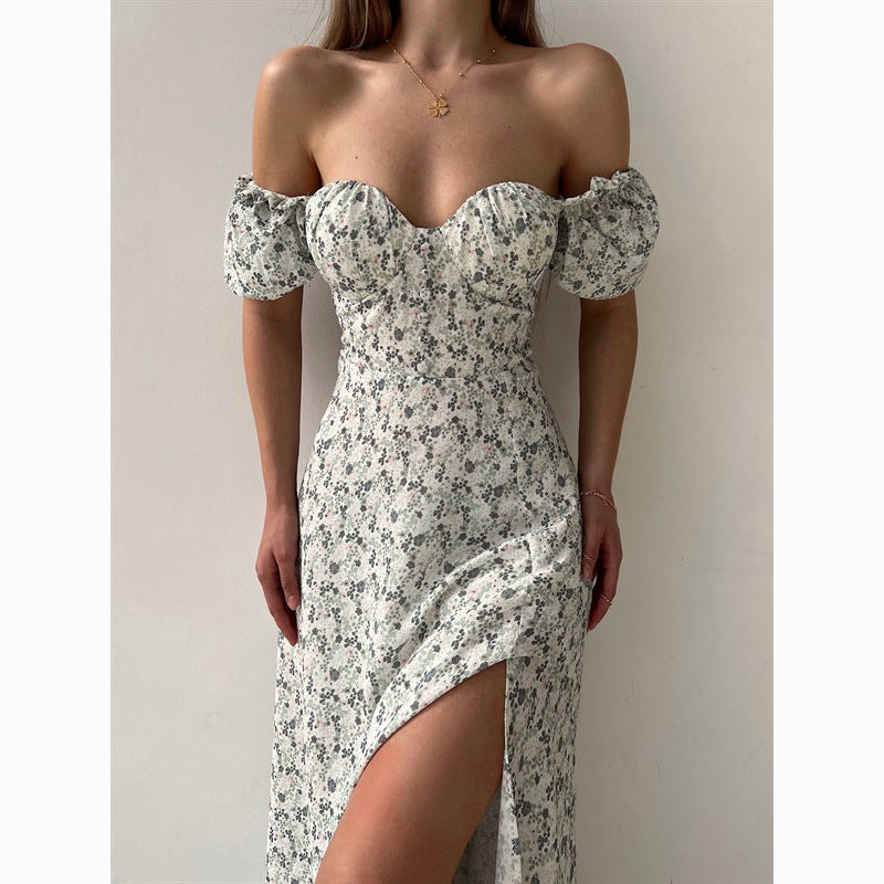 Sleeveless Floral Print Maxi Dress - Strapless Square Neck with High Slit &amp; Waist Emphasis