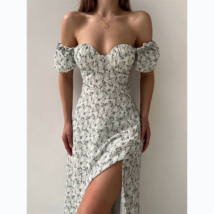 Sleeveless Floral Print Maxi Dress - Strapless Square Neck with High Slit &amp; Waist Emphasis