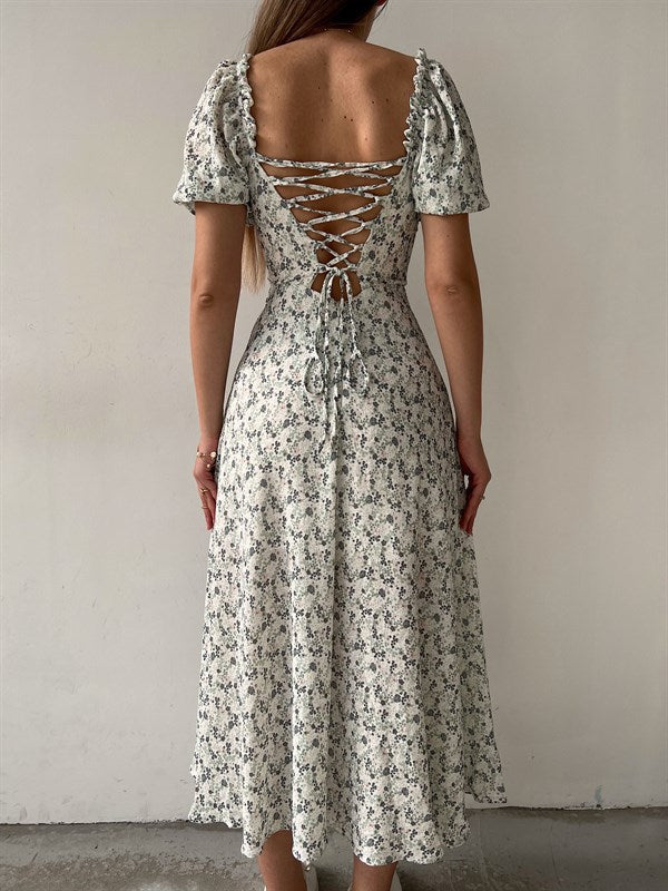 Sleeveless Floral Print Maxi Dress - Strapless Square Neck with High Slit &amp; Waist Emphasis