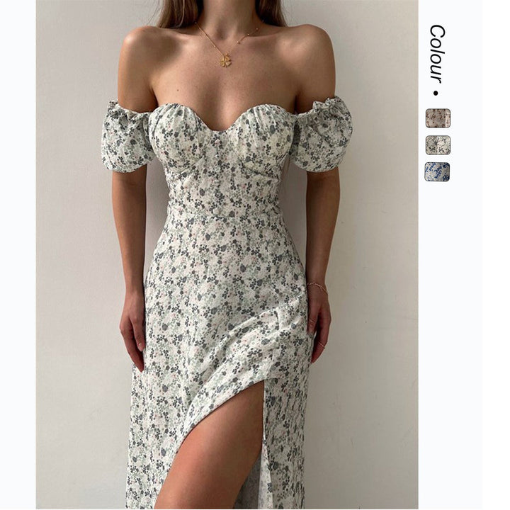 Sleeveless Floral Print Maxi Dress - Strapless Square Neck with High Slit &amp; Waist Emphasis