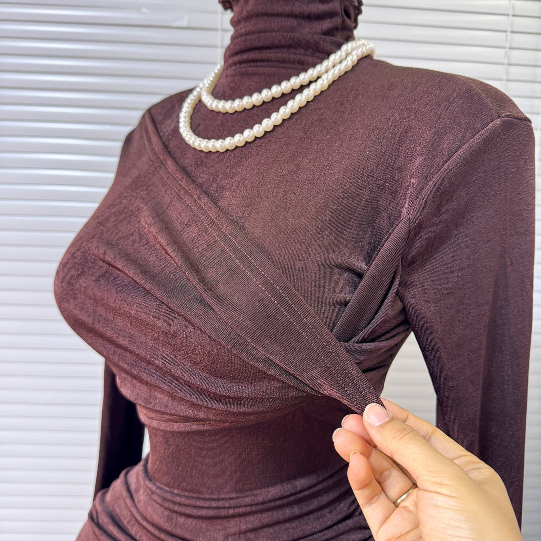 Spring Evening Gown – Elegant High-Neck Bodycon Long Sleeve Dress, Formal Cocktail Midi