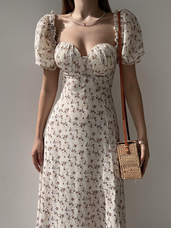 Sleeveless Floral Print Maxi Dress - Strapless Square Neck with High Slit &amp; Waist Emphasis