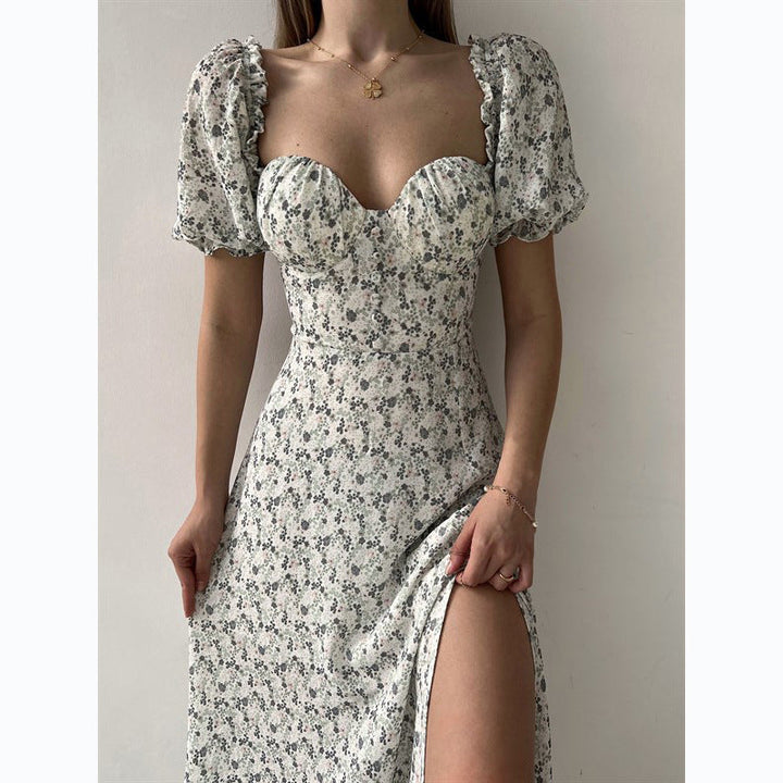 Sleeveless Floral Print Maxi Dress - Strapless Square Neck with High Slit &amp; Waist Emphasis